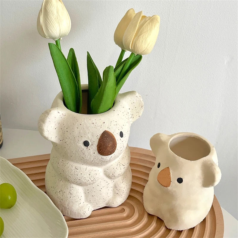 cache pot koala blanc taches noires résine animalier créatif deco plante fleur