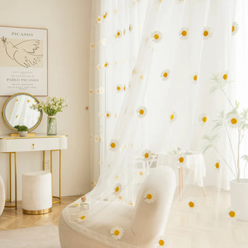 rideau translucide blanc jaune motif fleur camomille moderne salon chambre décoration fenêtre douce