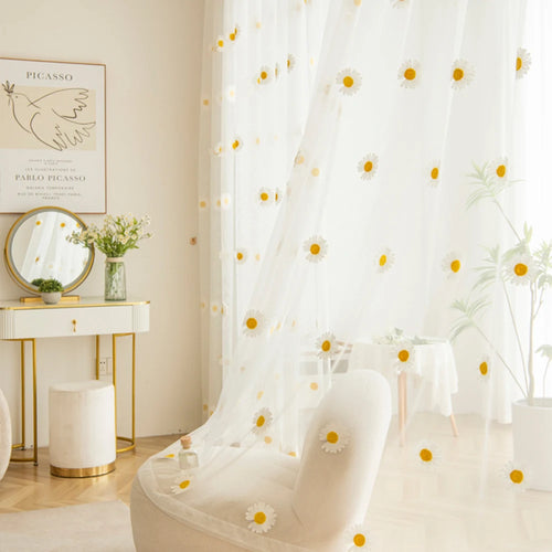 rideau translucide blanc jaune motif fleur camomille moderne salon chambre décoration fenêtre douce