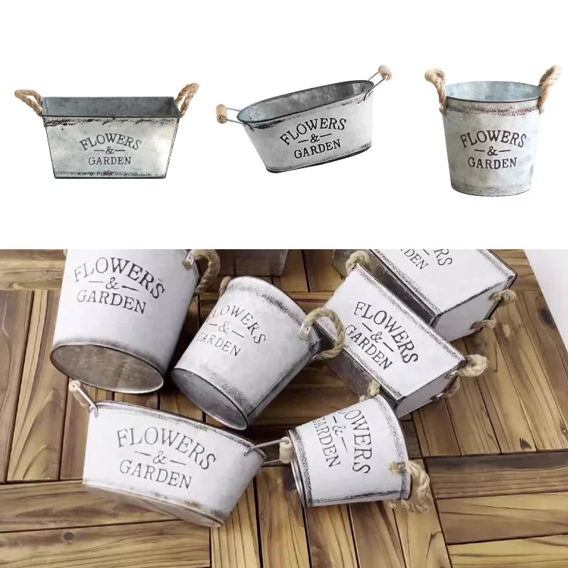 pots fleurs vintage métal fer gris étiquette flowers garden poignées corde decoration jardinextérieur balcon