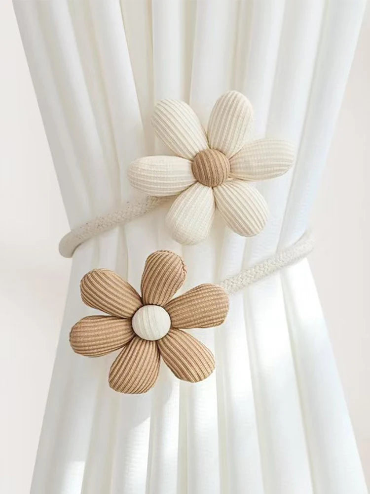 accessoires rideau fleurs texturées attaches ficelles bohème decor maison anneaux boucles tressées rustique