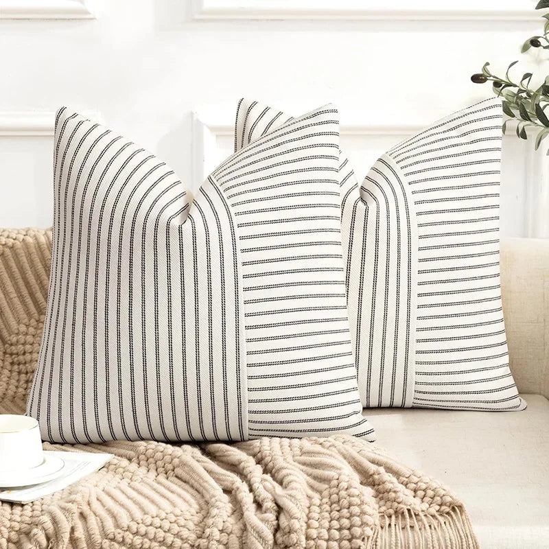housse coussin carré rayé moderne coton lin 45x45 50x50 60x60 beige noir salon chambre