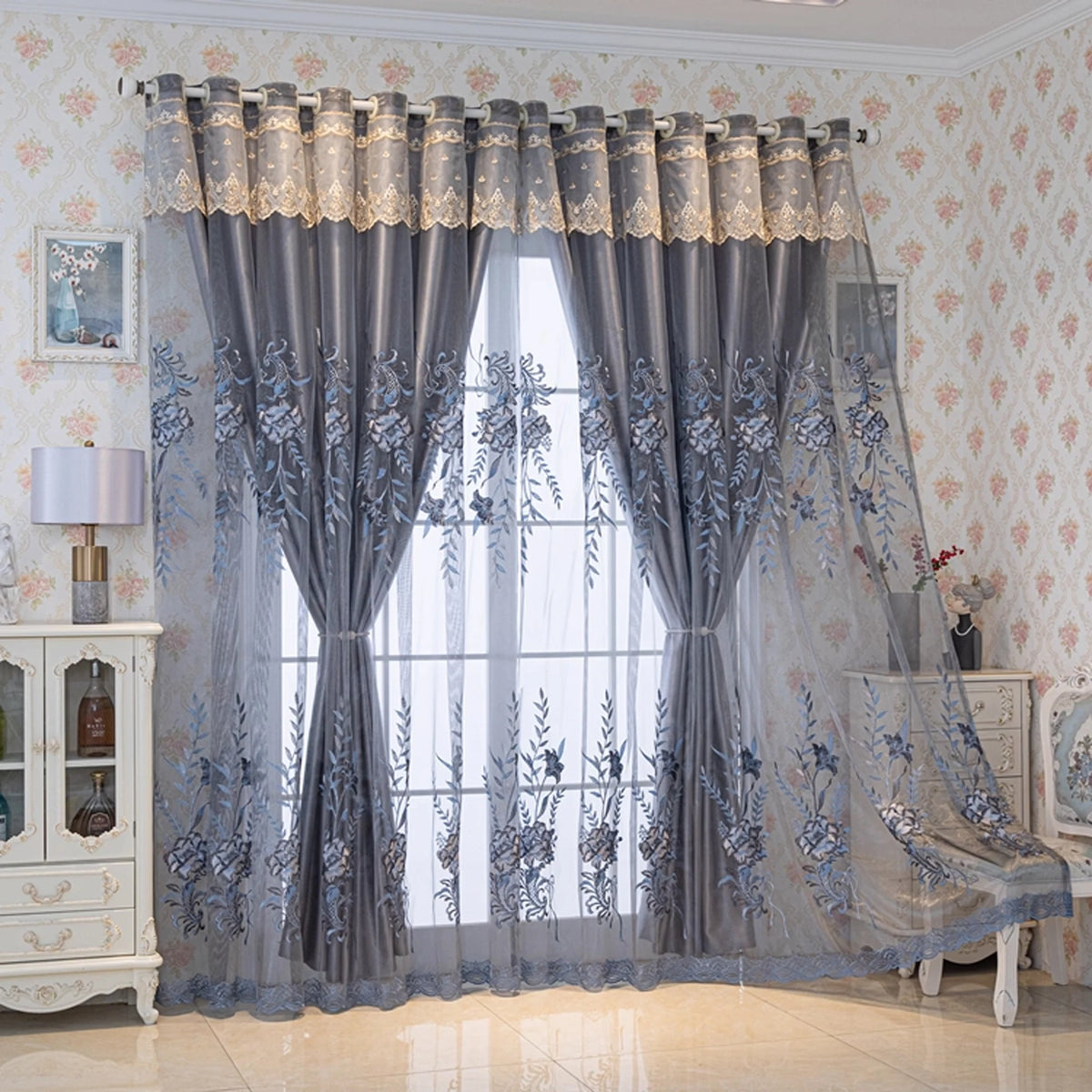 rideau classique gris bleu broderie florale semi transparent anneaux salon chambre maison
