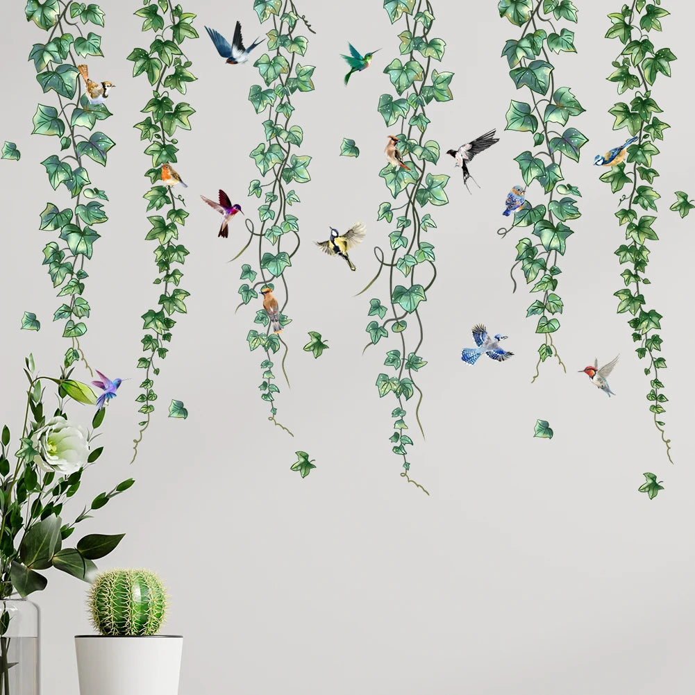 stickers muraux oiseaux lierre aquarelle naturels chambre enfants decoration murale adhésifs variés couleurs bleu