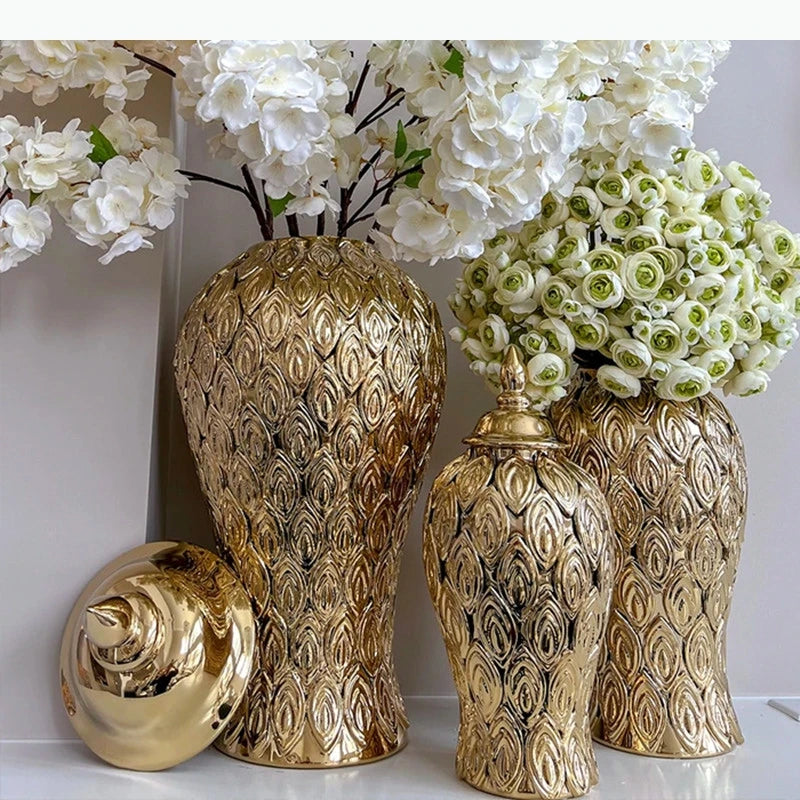 vase doré oiseau plume couvercle classique grande taille décoration fleur