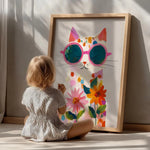affiche murale chat lunettes fleurs colorée moderne blanche rose bleue verte orange jaune rougeviolette