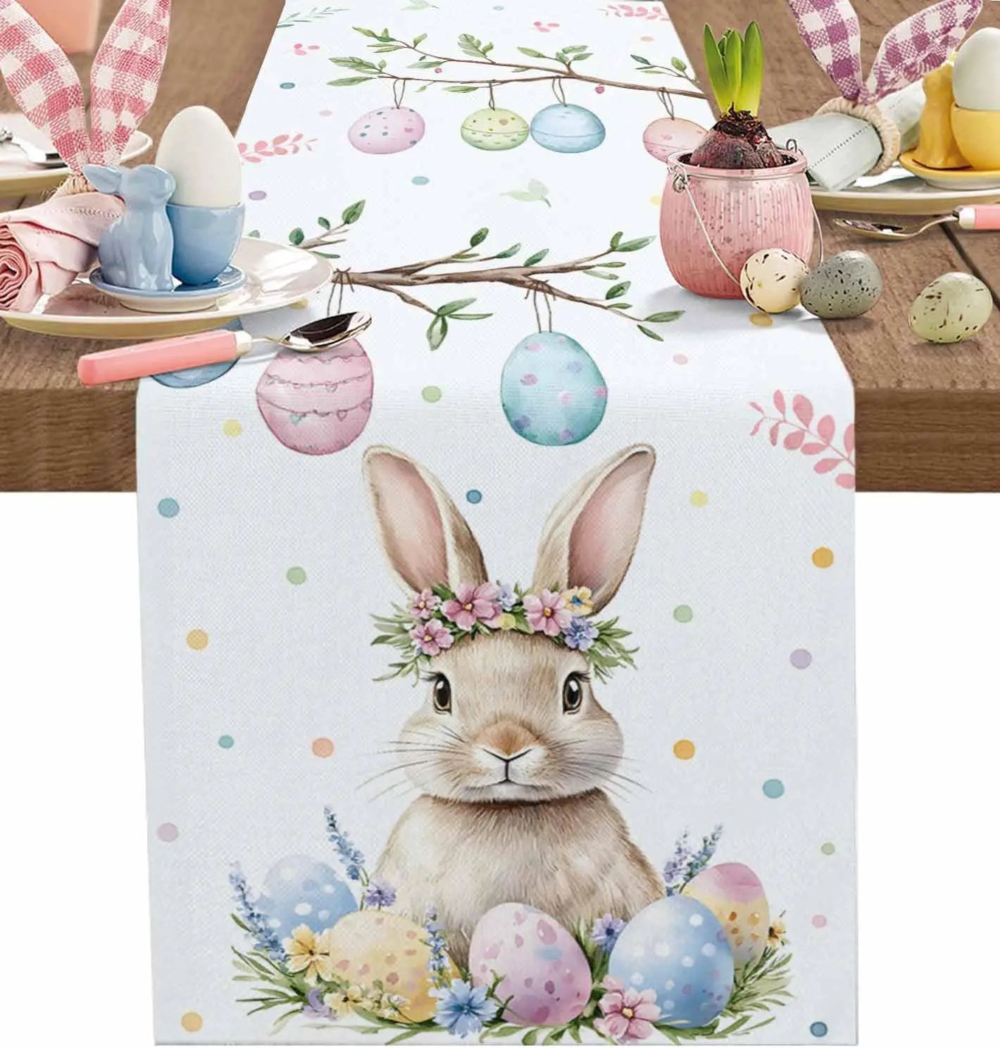 Une douce image printanière avec un lapin mignon entouré d'œufs de Pâques colorés, de fleurs et de branches ornées.