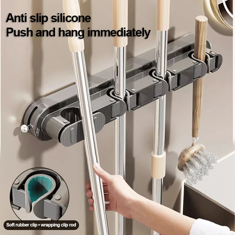 porte balai mural moderne clips fixation balai poignée brosse papier toilette gris beige blanc