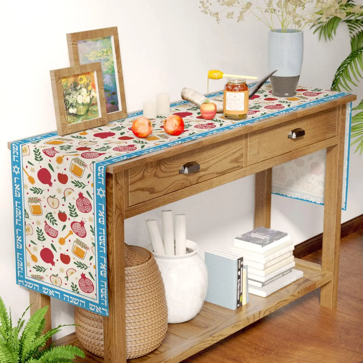 tableau lin imprimé fruits pommes jarres miel lettrage hébreu beige bleu rouge vert jaune