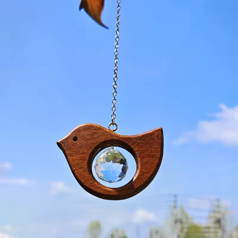 ornement suspendu suncatcher oiseau cristal bois naturel rustique arc ciel décoration fenêtre jardin maison