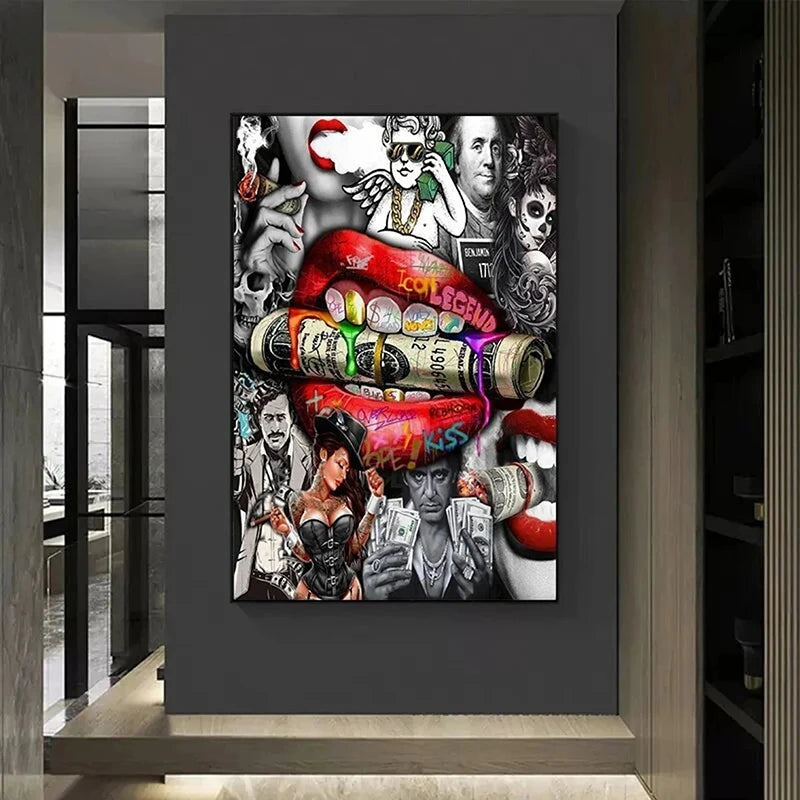 impression toile art urbain pop art street lèvres rouges crânes graffiti mur décoration chambre