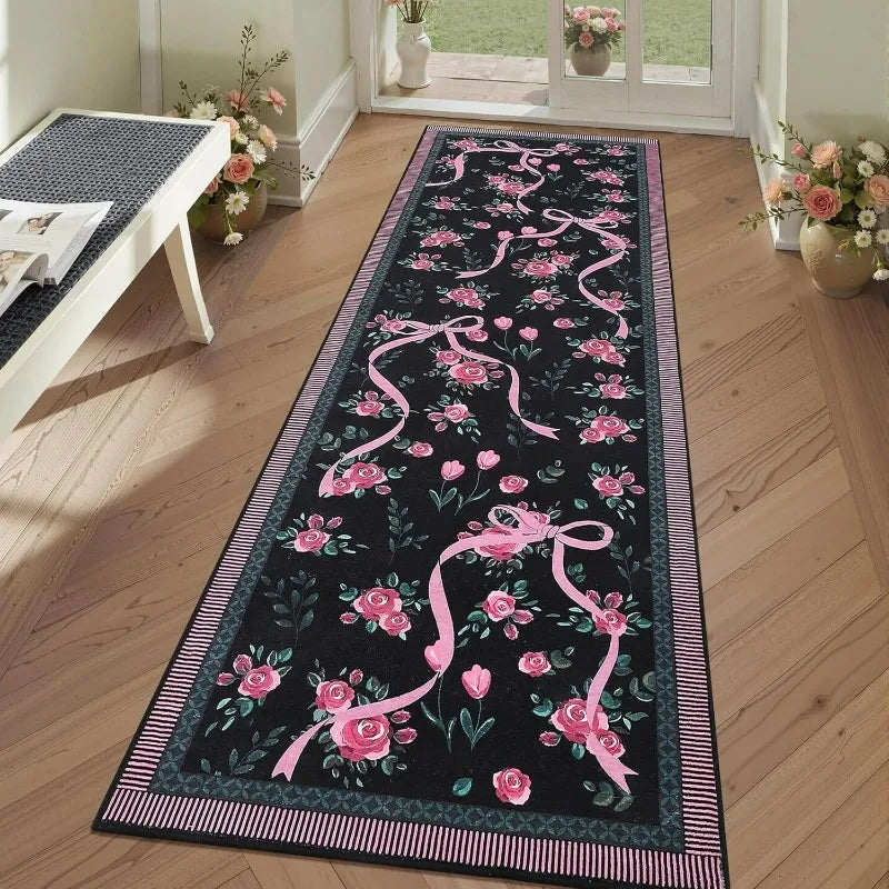 tapis floral rose rubans noir antidérapant résistant décoloration moderne extérieur classique geometrie adhésif