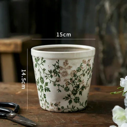 vase céramique porcelain fleurs blanches imprimées classique couleur beige verte