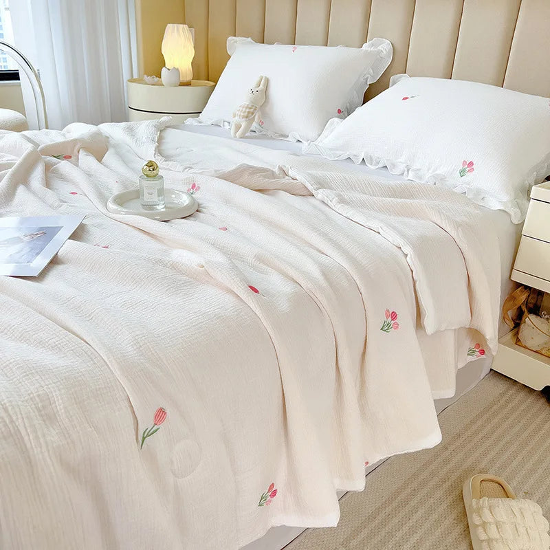 couette coton blanc motif fleurs roses été légère oreiller coussin accessoires