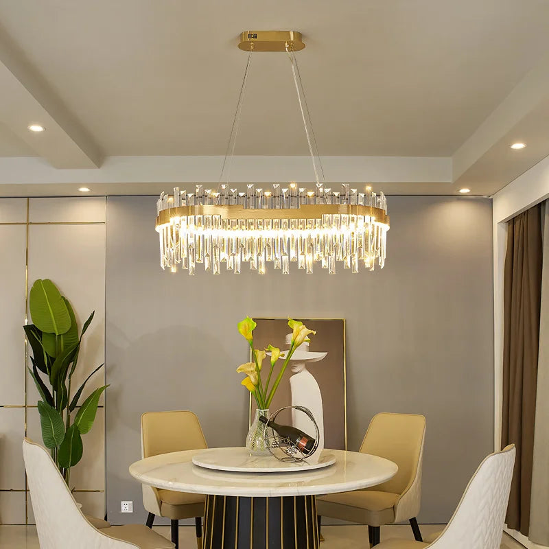 suspension lumineuse moderne dorée cristal chrome poli led télécommande transparente chambre salon