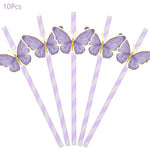 vaisselle jetable fête anniversaire papillons violets roses fleurs couronnes paillettes dorées assiettes tasses serviettes