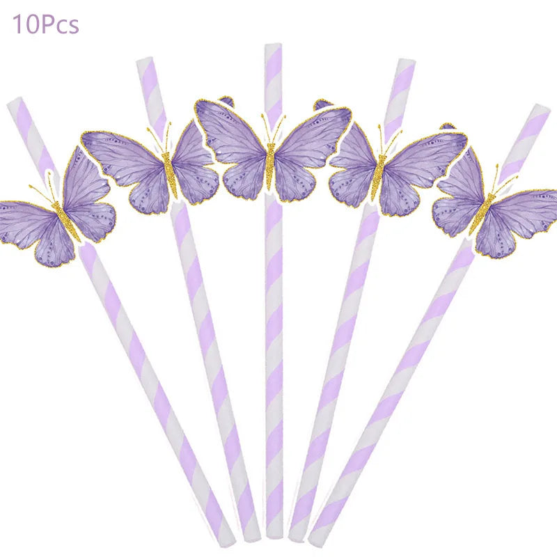 vaisselle jetable fête anniversaire papillons violets roses fleurs couronnes paillettes dorées assiettes tasses serviettes
