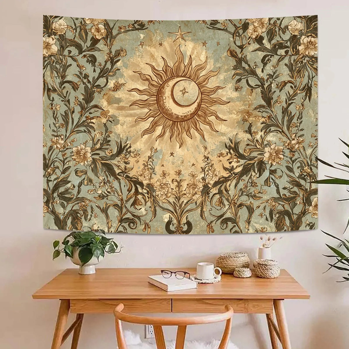 tapisserie murale vintage floral soleil lune vert beige marron romantique rectangle