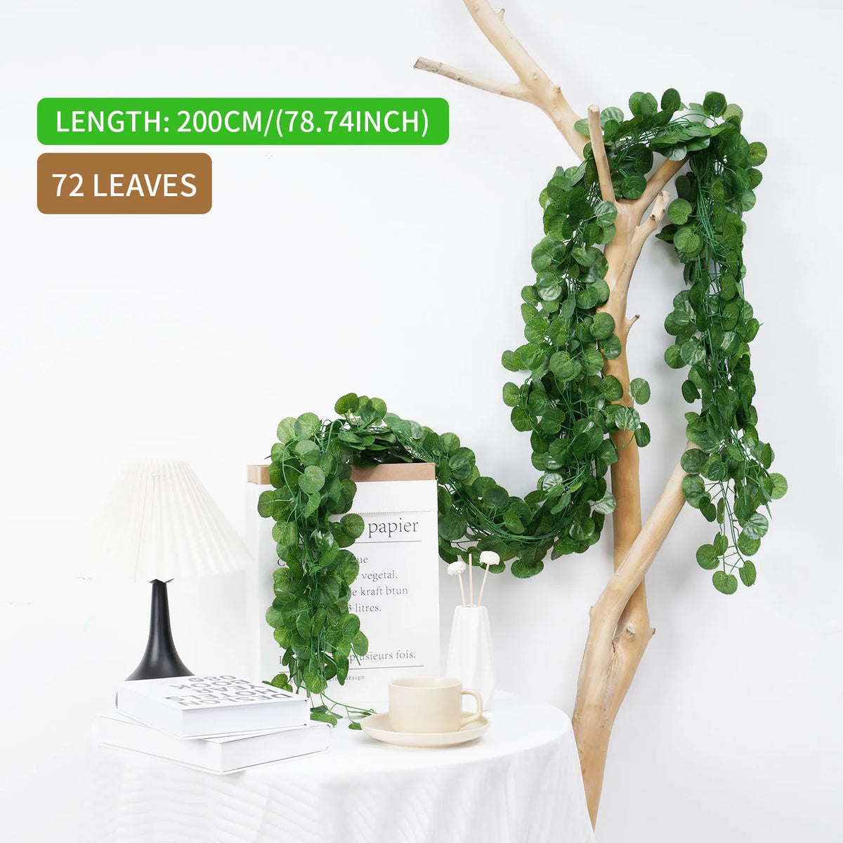 guirlande végétale artificielle feuilles rondes vert moderne 72 feuilles longueur 200cm extérieur