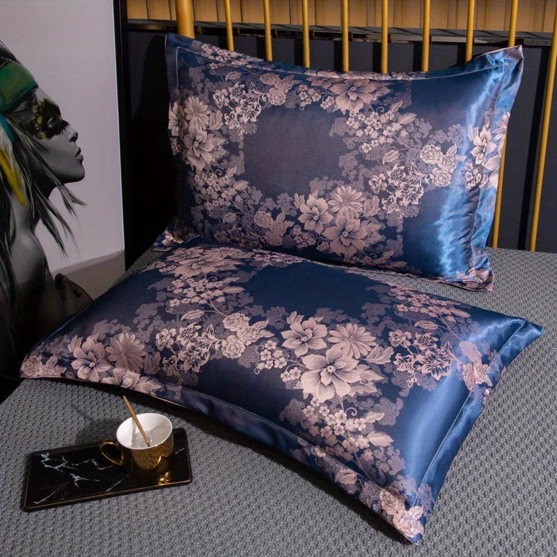 protège oreiller classique fleurs bleu marine beige broderie polyester lit chambre coucher couple deco