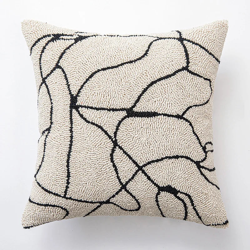 coussin brodé géométrique moderne beige noir amovible lavable