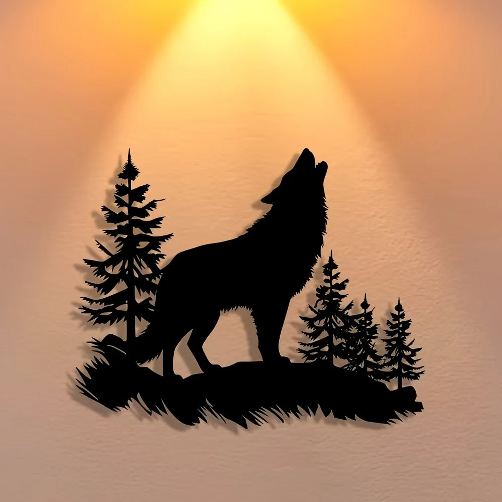 décoration murale métal loup hurlant arbres nature animaux contemporain chambre salon patio
