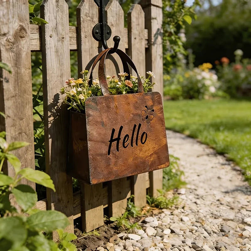 sac main vintage rustique métal poignées cuir inscription hello welcome