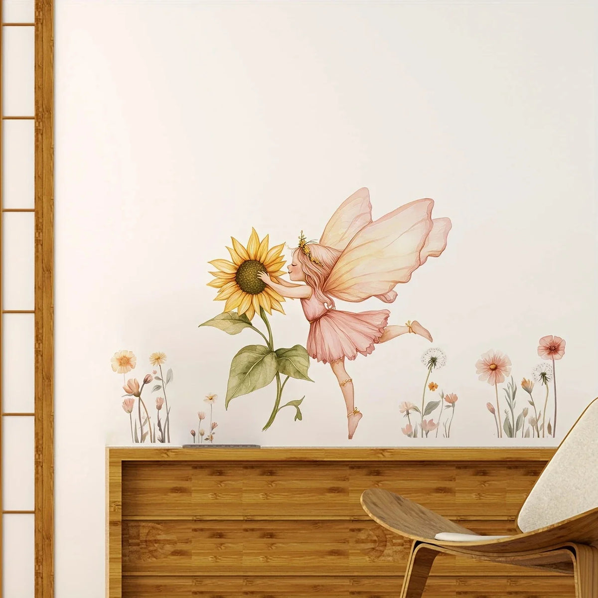autocollants muraux fée tournesol fleurs sauvages moderne pvc rose beige vert jaune blanc illustratif
