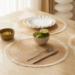 tapis table rond franges tissées beige blanc moderne respectueux environnement