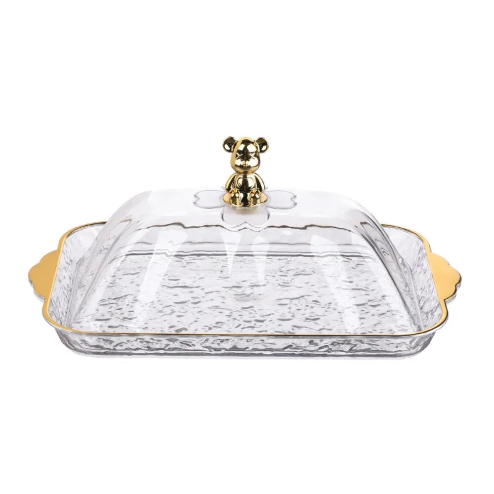 plateau fruits transparent bordure dorée couvercle acrylique assiettes rangement moderne élégant texture marbrée