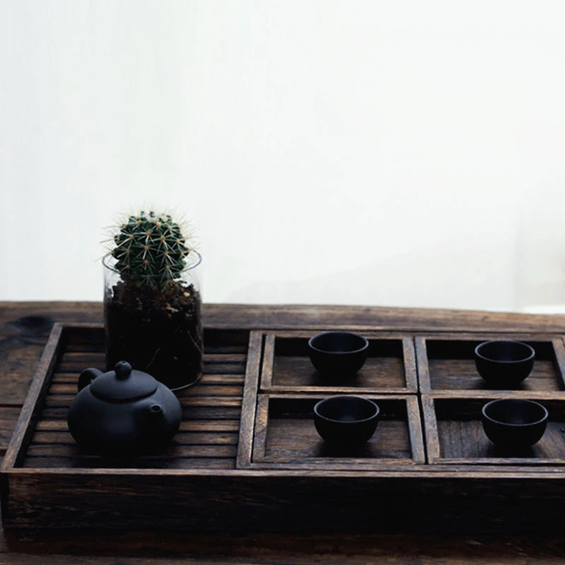service thé plateau bois compartiments tasses plantes carafe verres traditionnel rustique