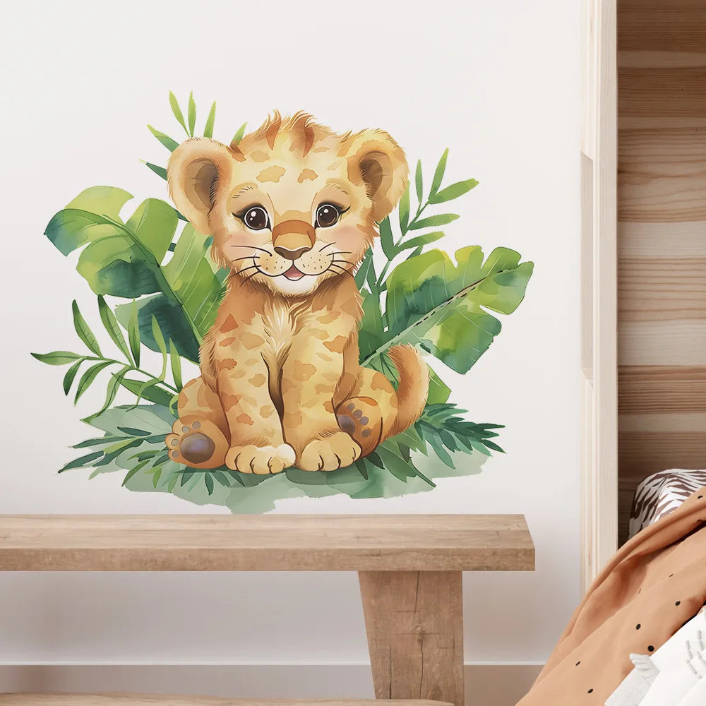 sticker mural lionceau illustration orange feuilles adhésif chambre enfants animal dessin animé pvc