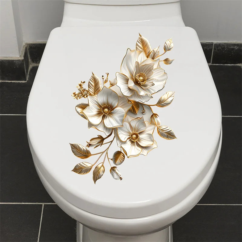 autocollant mural décoratif fleurs stylisées blanc doré opaque 30cm 30cm