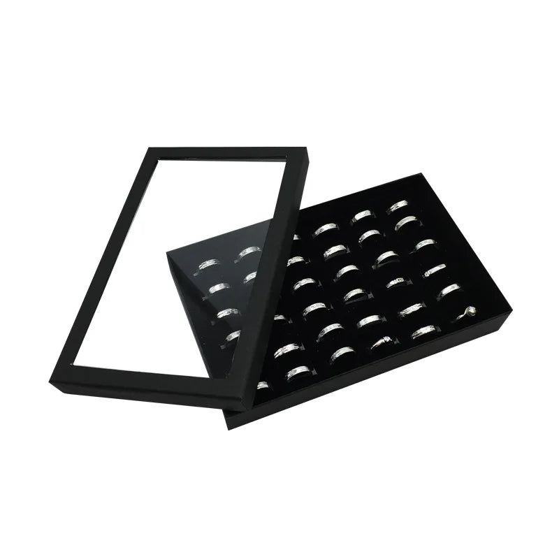 boîte bijoux noire moderne 36 anneaux rangement transparent couvercle plastique intérieur papier