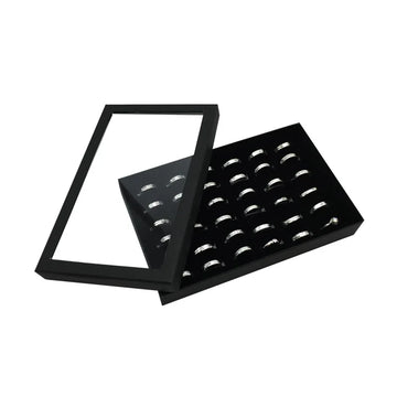 boîte bijoux noire moderne 36 anneaux rangement transparent couvercle plastique intérieur papier