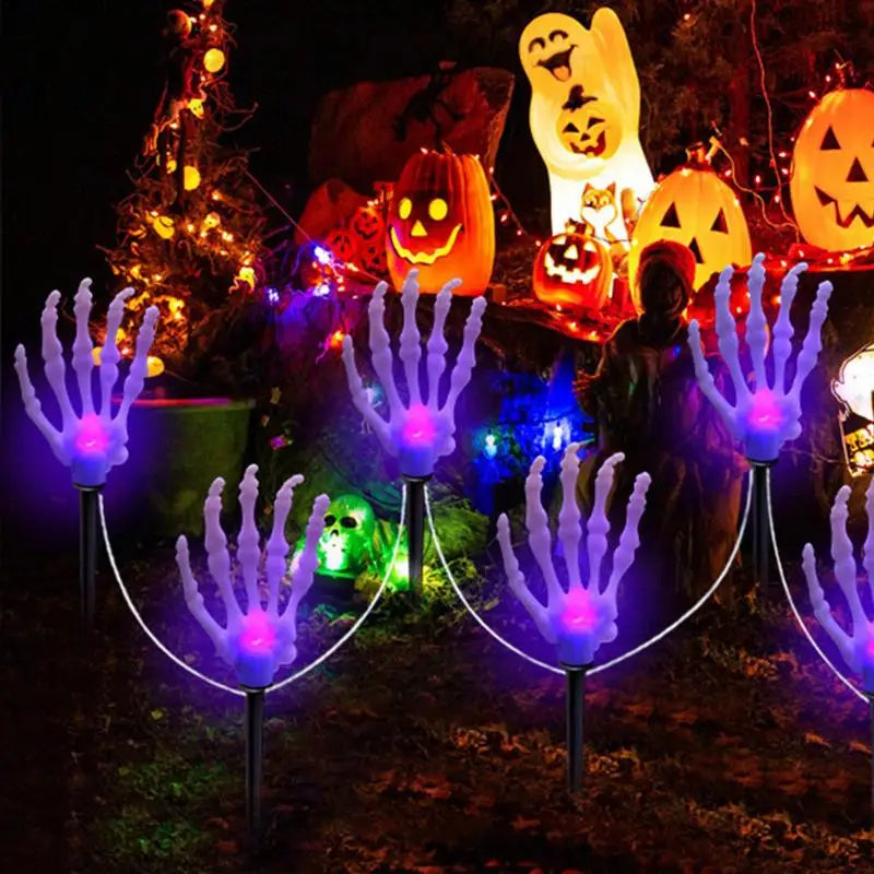 ornement halloween main squelette lumineuse blanche translucide piquet câble blancextérieur eiD festive