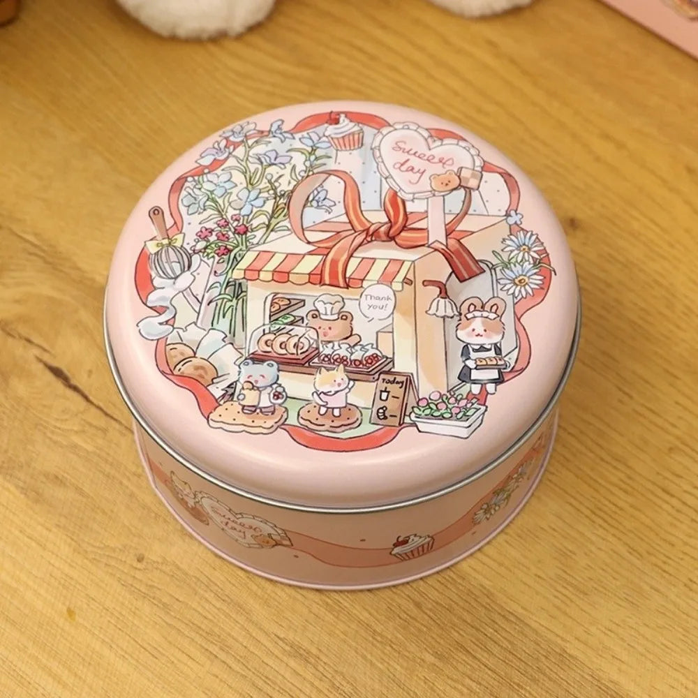 boîtes rondes métal dessin animé ours lapins fruits cuisine beiges vertes roses