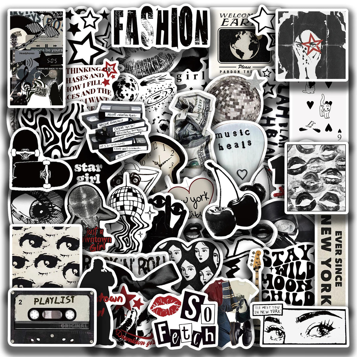 stickers pop art graphiques adhésifs vinyle noir blanc yeux lèvres coeurs cassettes yeux vintage
