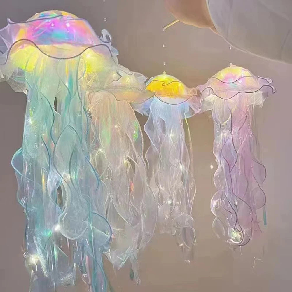 veilleuse méduse multicolore transparente iridescente lampe suspendue animaux compagnie chambre enfant led crochets métalliques