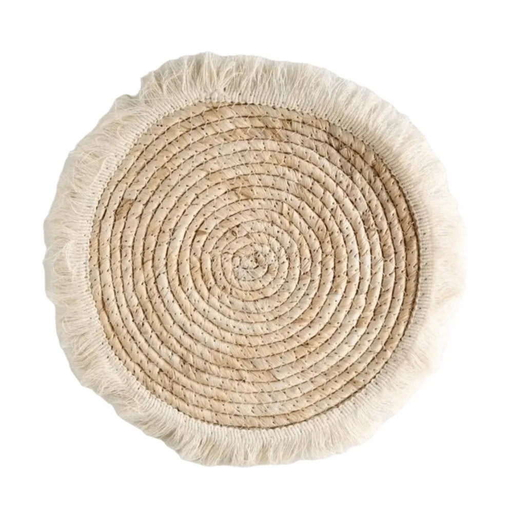 assiettes décoratives boho spirales franges naturel beige noir blanc rustic murales tressées