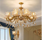 lustre classique doré transparent fleurs cristal ampoules led pendentif salon