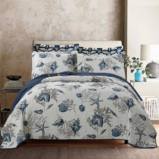 Couvre-lit matelassé en coton 100% - Ensemble de couette style océan pour lit Queen ou King