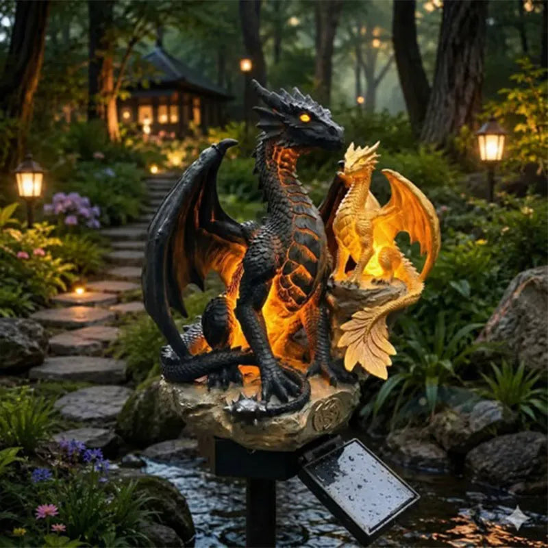 statue dragon jardin solaire éclairage extérieur ornement décoratif fantastique éclairage led nocturne textures écailles