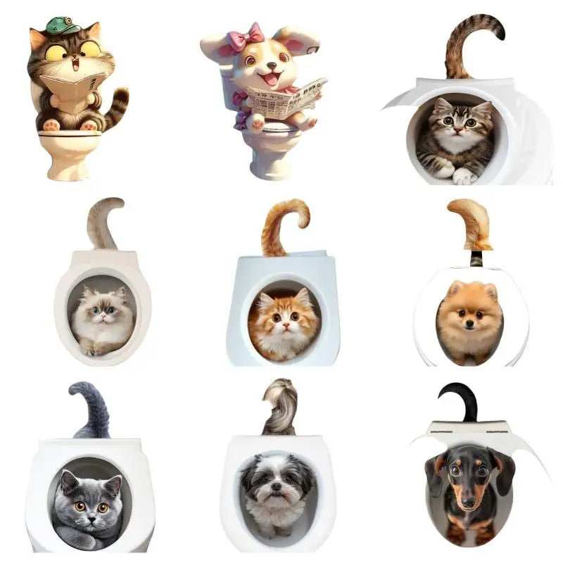 sticker toilette effet 3d animal mignon chat chien pvc illustration cartoon adhésif salle bain