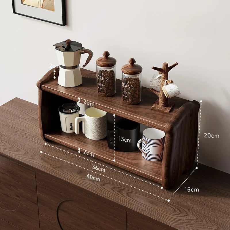 étagère moderne deux niveaux bois foncé texture naturelle horloge diffuseur nintendo switch tasses livres