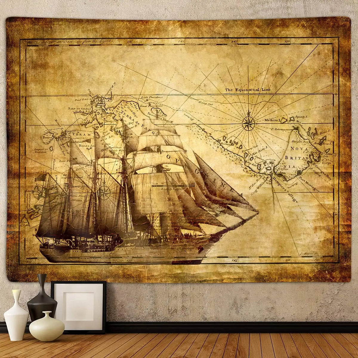 tapisserie murale carte monde ancienne beige marron vintage bateaux figures historiques rectangle polyester