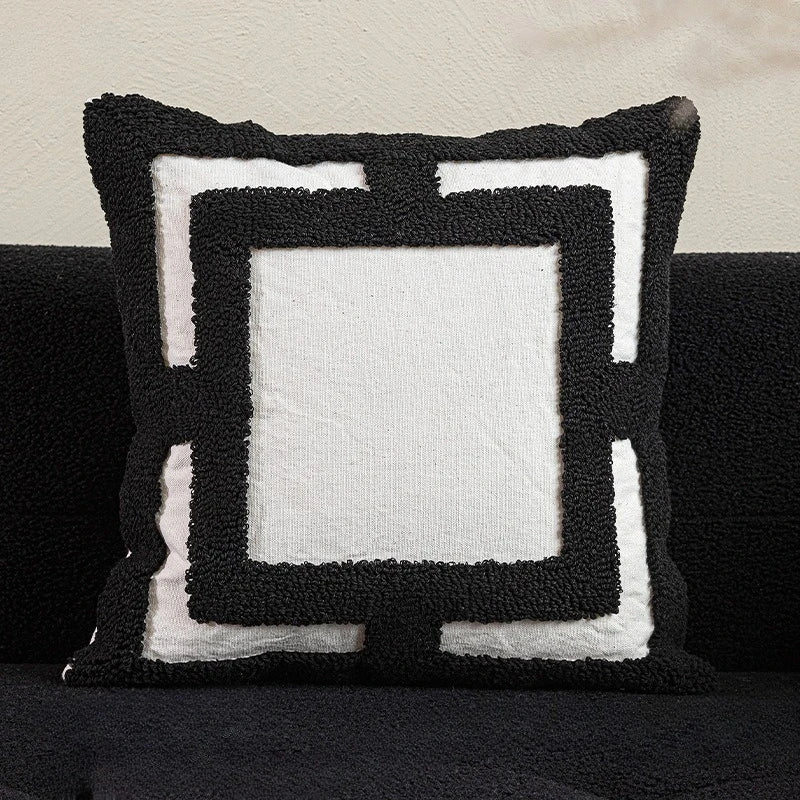 coussin noir blanc brodé géométrique moderne fixé 45x45cm décoration