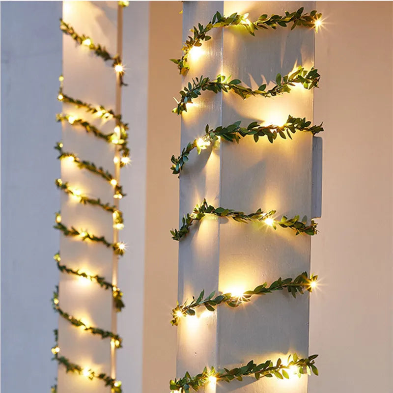 guirlande lumineuse feuilles vertes décoration extérieure noël mariage jardin led auto adhesive
