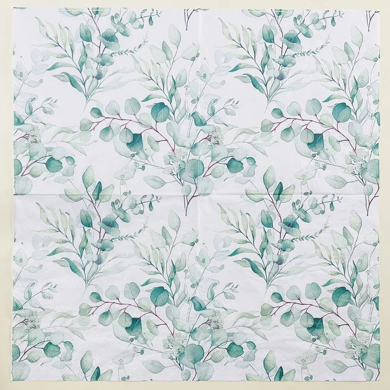 serviettes papier motif feuilles eucalyptus blanc vert rustique decoration table repas