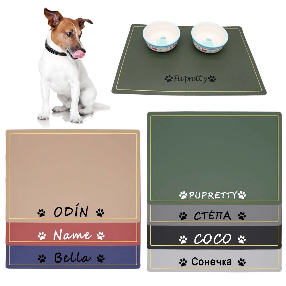 tapis imperméable antidérapant chien motif patte nom personnalisable vert beige marron moderne lavable